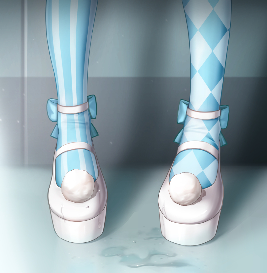 1girl artoria_caster_(fate) artoria_caster_(swimsuit_berserker)_(second_ascension)_(fate) artoria_pendragon_(fate) besmiled blue_socks commentary_request fate/grand_order fate_(series) female_masturbation highres implied_masturbation indoors lower_body masturbation pussy_juice shoes socks solo standing white_shoes