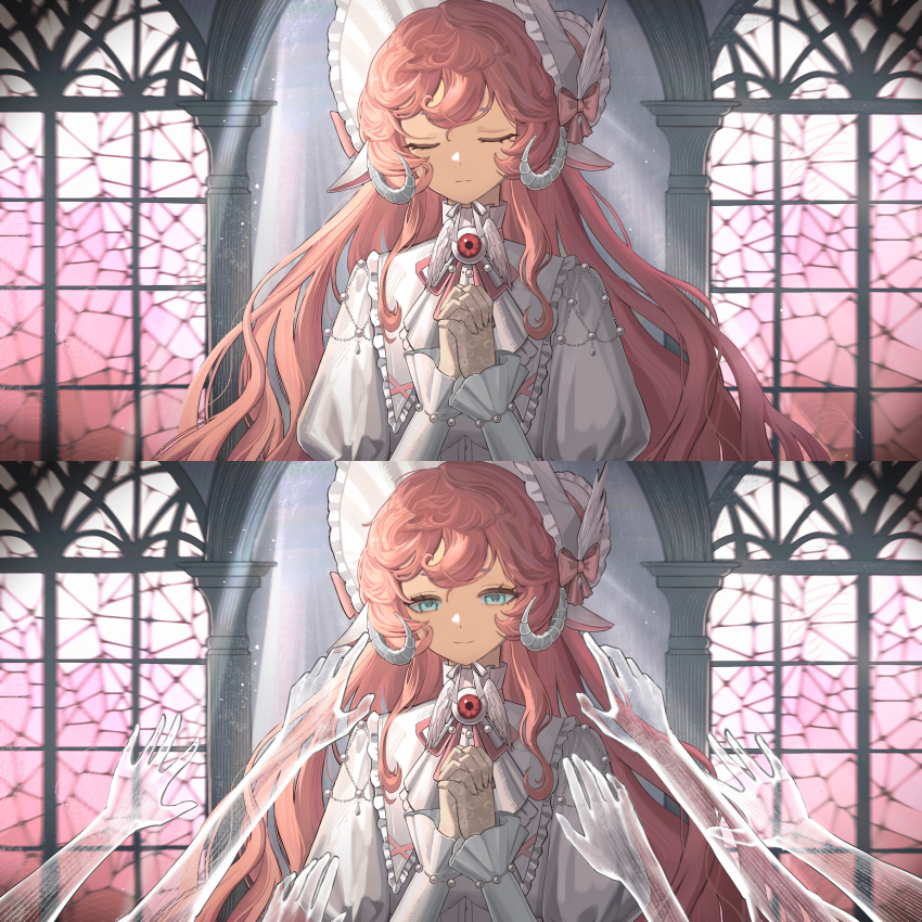 1girl absurdres alternate_costume aqua_eyes arched_window bonnet bow closed_eyes closed_mouth curled_horns disembodied_hand dress eyeball facing_viewer gloves hands_up hat hat_bow highres horns interlocked_fingers jiaolu_chongzu juliet_sleeves lace lace_gloves long_hair long_sleeves looking_at_viewer low_horns nautika_(reverse:1999) neck_ribbon own_hands_together pink_bow pink_hair pink_ribbon praying puffy_sleeves reverse:1999 ribbon see-through_body smile solo stained_glass upper_body white_dress white_hat white_horns window