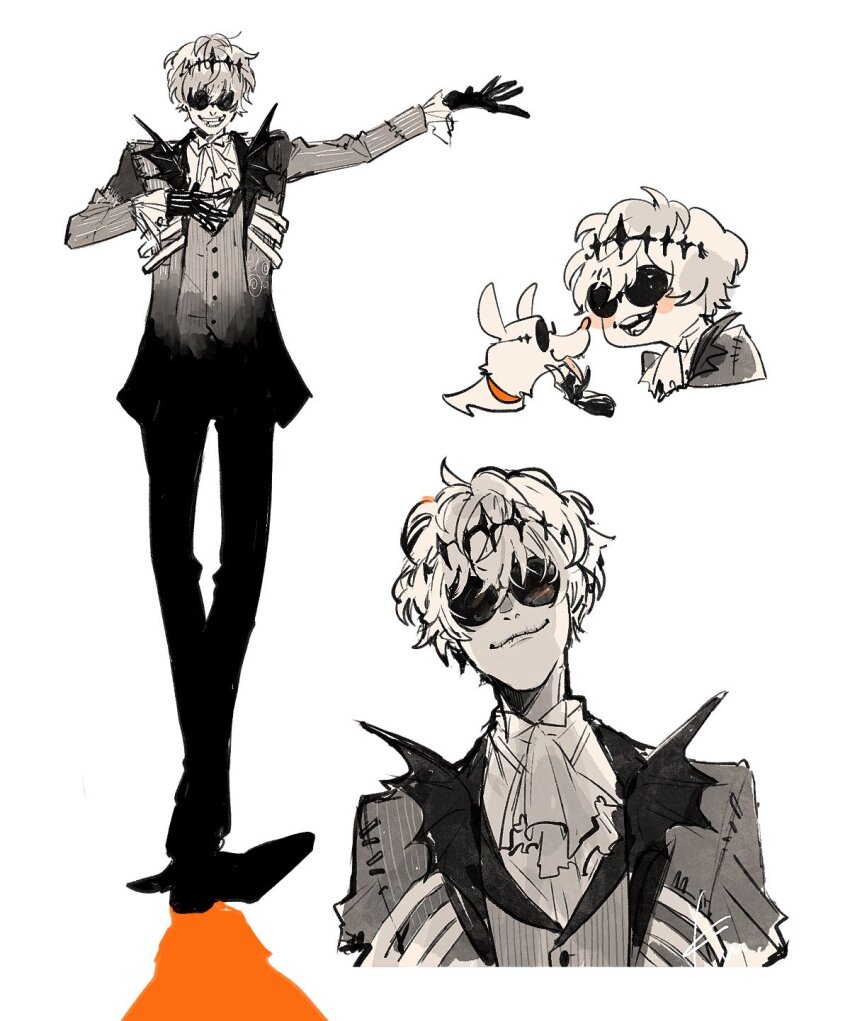 1boy bishounen black_crown crown dog formal_clothes ghost halloween hand_on_own_chest highres jack_skellington jacket komarou_(4km_ro) long_sleeves looking_at_viewer male_focus open_mouth outstretched_hand pants pinstripe_pattern pinstripe_suit ribs round_eyewear short_hair skeleton smile smirk solo stitches striped_clothes striped_jacket suit tall the_nightmare_before_christmas twisted_wonderland white_hair zero_(nbc)