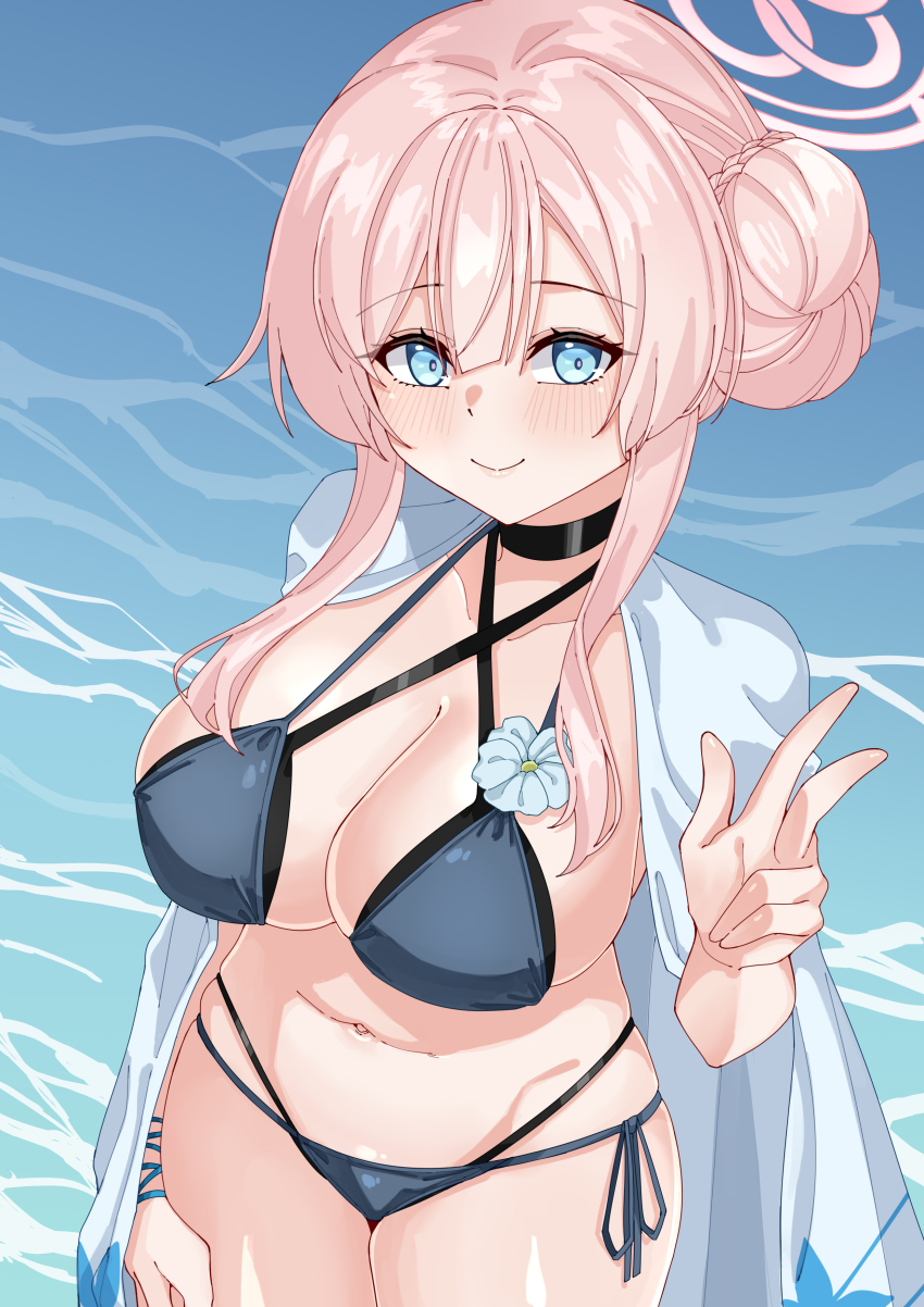 1girl absurdres bikini blue_archive blue_bikini blue_eyes blush breasts choker commentary cosplay criss-cross_straps english_commentary hair_between_eyes hair_bun halo highres kikyou_(blue_archive) kikyou_(blue_archive)_(cosplay) kikyou_(swimsuit)_(blue_archive) large_breasts layered_bikini looking_at_viewer mimori_(blue_archive) multi-strapped_bikini_bottom navel pink_hair pink_halo rynn_(darknescorez) single_side_bun smile solo stomach swimsuit v water