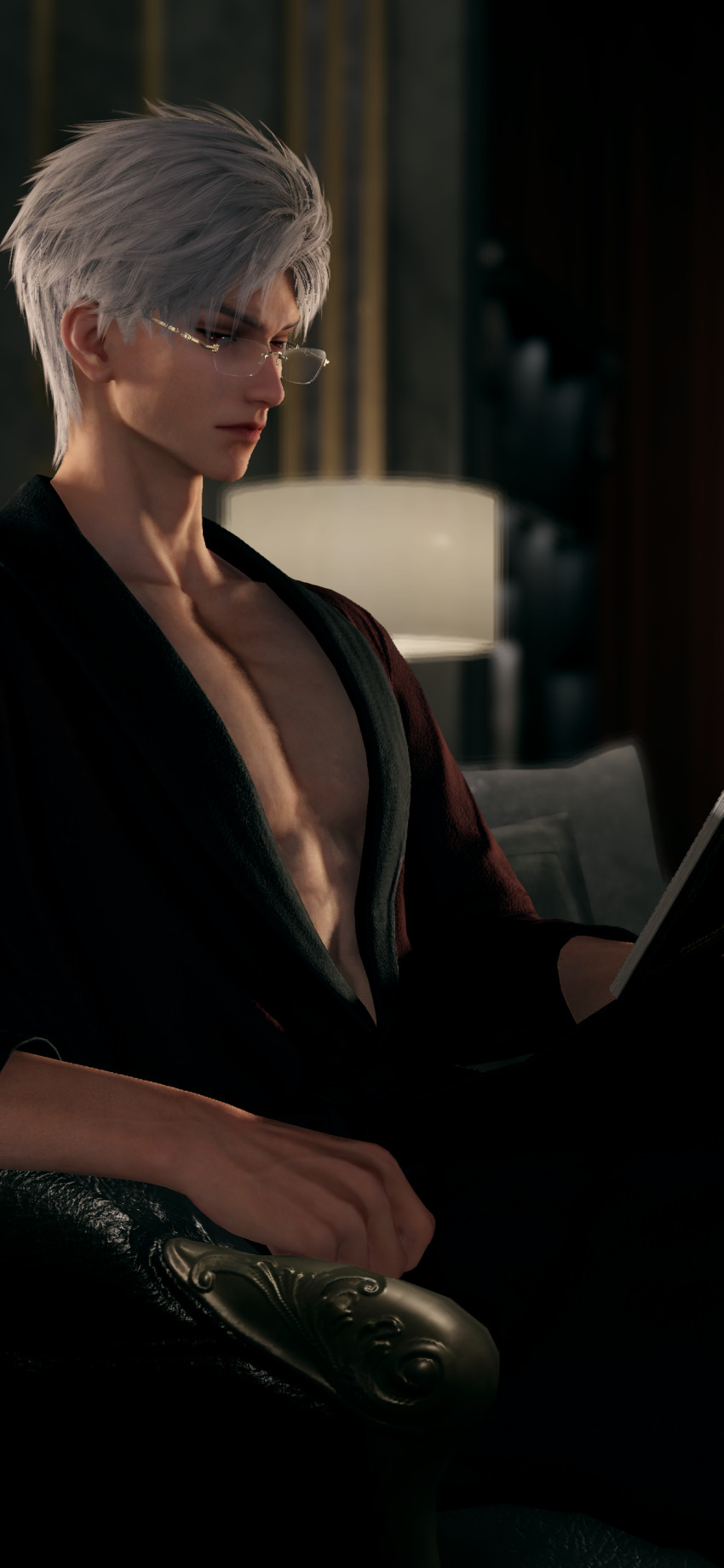 1boy 3d absurdres book closed_mouth glasses grey_hair highres holding holding_book lamp looking_at_object love_and_deepspace male_focus pillow reading red_eyes red_robe robe room short_hair sitting solo sylus_(love_and_deepspace) tagme