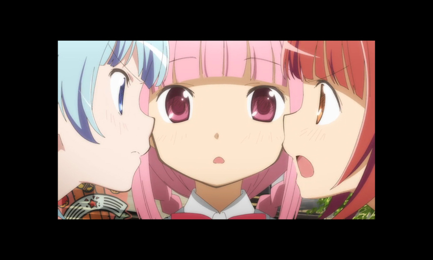 3girls akino_kaede anime_coloring annoyed arguing artist_request black_border blue_eyes blue_hair blunt_bangs border bow bowtie braid bush closed_mouth collared_shirt dot_nose eye_contact eyelashes face-to-face from_side game_cg graffiti grey_vest light_blush long_hair looking_at_another magia_record:_mahou_shoujo_madoka_magica_gaiden mahou_shoujo_madoka_magica minami_rena multiple_girls official_art open_mouth outdoors pale_skin pink_bow pink_bowtie pink_eyes pink_hair portrait red_eyes red_hair school_uniform shirt sidelocks straight-on takarazaki_school_uniform tamaki_iroha tareme twin_braids v-shaped_eyebrows vest white_shirt