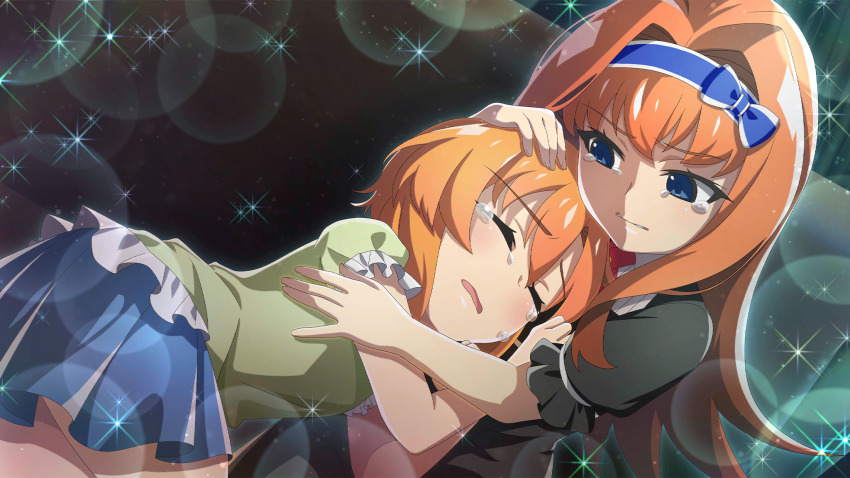 2girls aged_down black_dress blue_bow blue_hairband blue_skirt bow bow_hairband closed_eyes couch crying dress dutch_angle flipped_hair frilled_shirt frills game_cg hair_bow hair_intakes hairband hand_on_another&#039;s_head highres higurashi_no_naku_koro_ni higurashi_no_naku_koro_ni_mei houtani_nao hug indoors lens_flare long_hair miniskirt multiple_girls non-web_source official_art on_couch open_mouth orange_hair parted_lips pleated_skirt ryuuguu_rena shirt short_hair short_sleeves skirt sparkle tears yellow_shirt