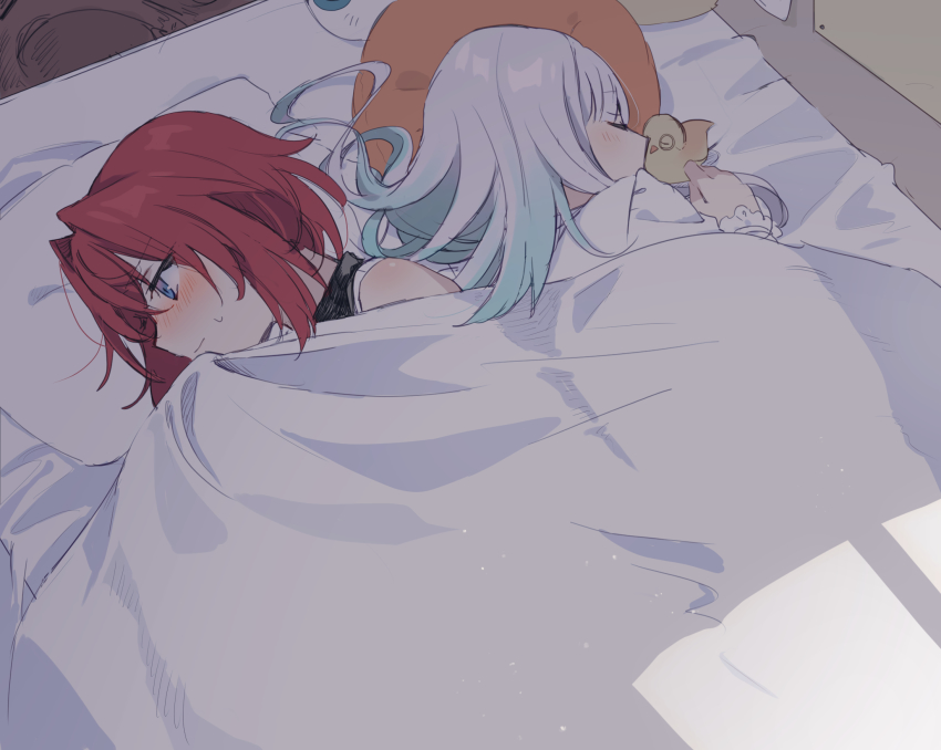 2girls ange_katrina baby_animal bad_id bad_pixiv_id bed bird blanket blue_eyes blush chick hair_intakes highres indoors lize_helesta long_hair lying matsuzaka_(matsuzakagyu_29) multiple_girls nijisanji nose_blush on_side pillow red_hair sebastian_piyodore shared_blanket short_hair sleeping sweatdrop under_covers virtual_youtuber white_hair yuri