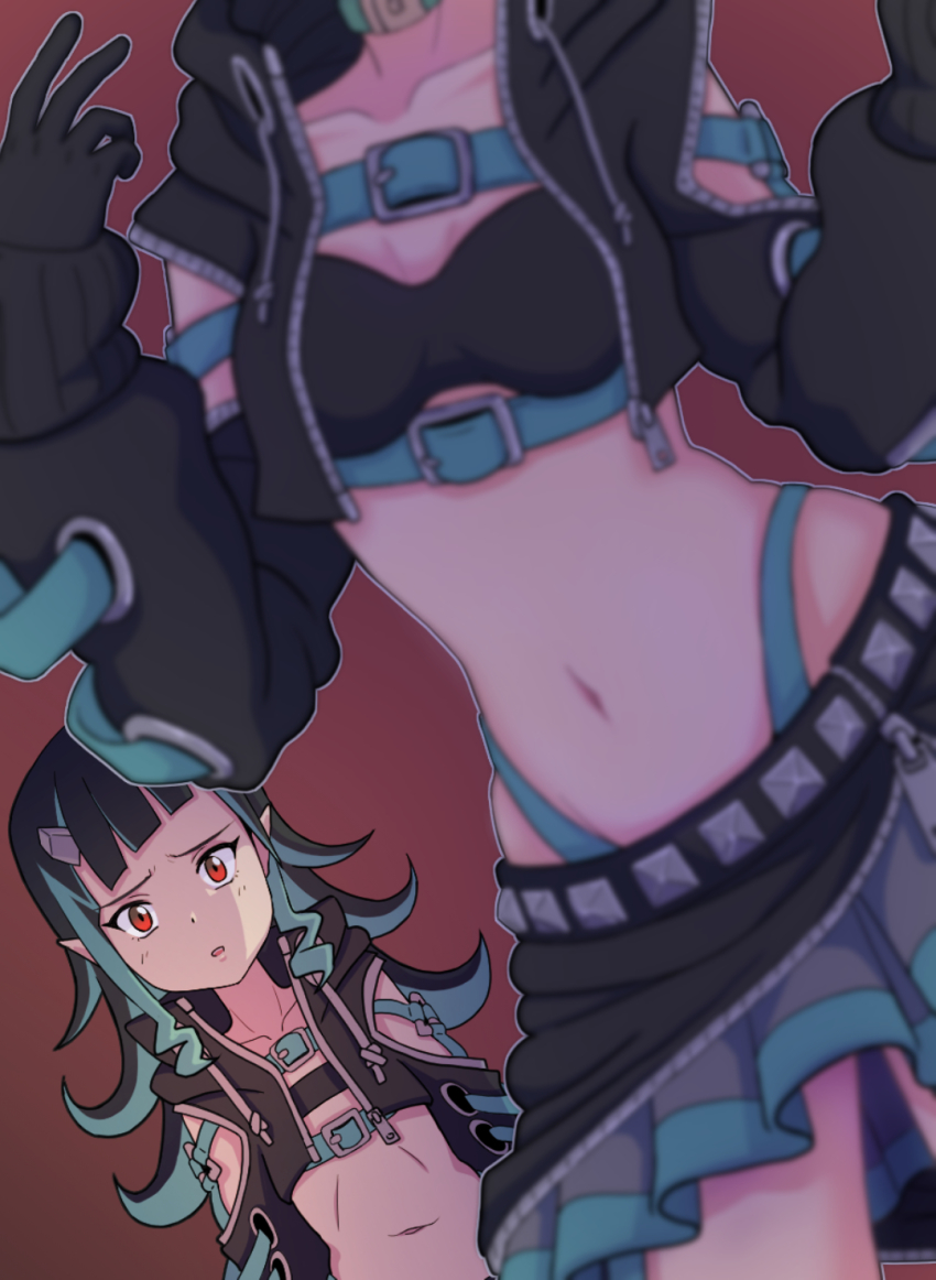 2girls nanashi_inc. animare bandeau belt belt_bra black_gloves black_hair black_jacket black_skirt blue_belt blue_choker blue_hair blunt_bangs breasts brown_background chest_belt choker clothing_cutout commentary_request cosplay cropped_jacket cross-laced_clothes cross-laced_sleeves demon_girl demon_horns dutch_angle flat_chest gloves grey_skirt hashiba_natsumi_(animare) head_out_of_frame highres holding horns jacket k_waremono layered_skirt long_hair long_sleeves looking_at_another medium_breasts midriff multicolored_hair multiple_girls navel open_clothes open_jacket open_mouth pointy_ears red_eyes shishio_chris shishio_chris_(cosplay) shoulder_cutout skirt sugar_lyric two-tone_hair virtual_youtuber zipper_skirt
