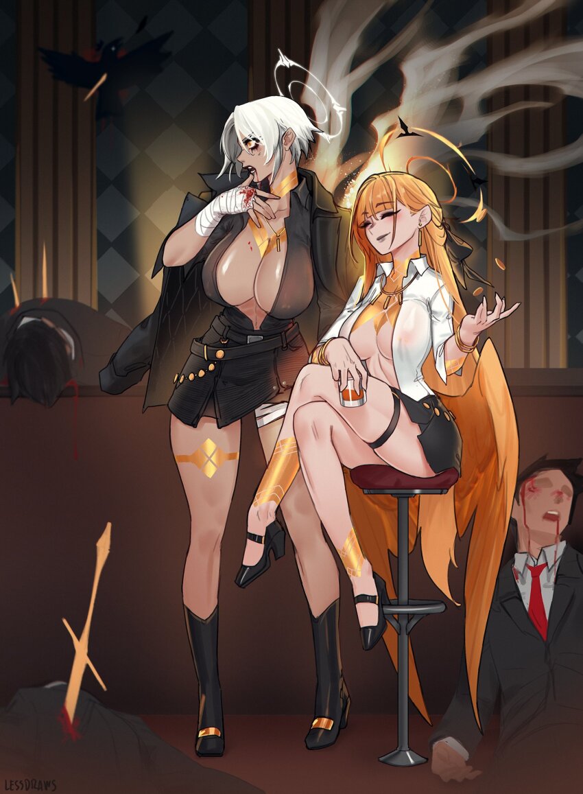 2girls 3boys artist_name aurelia_(less) bandaged_arm bandaged_leg bandages bare_legs belt black_coat black_shoes black_skirt blood blood_from_mouth boots bracelet breasts closed_eyes coat coat_on_shoulders coin commentary corpse crossed_legs cup dark-skinned_female dark_skin drinking_glass earrings energy_wings english_commentary feathered_wings grey_lips halo high_heel_boots high_heels highres holding holding_cup huge_breasts indoors jewelry knee_boots large_breasts less long_hair miniskirt multiple_boys multiple_girls necklace open_clothes open_shirt orange_eyes orange_hair orange_halo orange_wings original red_eyes shirt shoes short_hair sitting skirt smile stab sword thigh_strap weapon white_hair white_halo white_shirt wing_collar wings