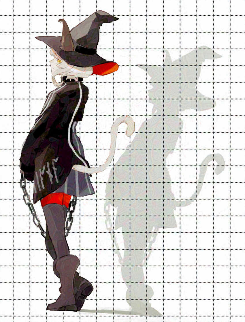 1girl absurdres animal_ears arknights black_hat black_jacket boots brown_boots cat_ears cat_girl cat_tail chain commentary_request dotted_line ears_through_headwear grey_background grey_skirt grid_background hat haze_(arknights) highres iii37998258 jacket profile skirt solo striped_clothes striped_skirt tail vertical-striped_clothes vertical-striped_skirt witch_hat
