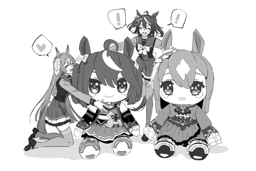 ! 2girls ^_^ ahoge animal_ears blush bow bowtie character_doll closed_eyes doll doqute_stuffed_doll full_body greyscale heart highres horse_ears horse_girl horse_tail hugging_object kitasan_black_(umamusume) kneeling long_hair long_sleeves monochrome multicolored_hair multiple_girls open_mouth sailor_collar satono_diamond_(umamusume) school_uniform shirt shoes short_hair skirt smile spoken_exclamation_mark spoken_heart standing standing_on_one_leg streaked_hair tail thighhighs tracen_school_uniform tsukasa_(avdx5538) two_side_up umamusume
