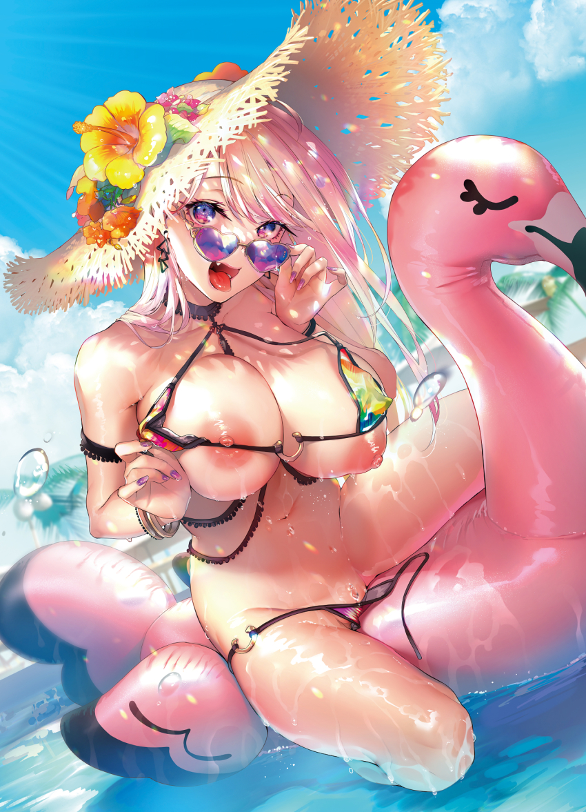 1girl between_breasts bikini bikini_bottom_aside bikini_pull bikini_top_lift bird blonde_hair blow_up_doll breast_press breasts breasts_squeezed_together clothes_lift clothes_pull clothing_aside comic_kairakuten_beast fang flamingo floating floating_object hat highres large_breasts looking_at_viewer micro_bikini nail_polish naughty_face navel nipples open_mouth original partially_undressed pyon-kichi solo spread_legs straddling sun_hat sunlight swimsuit thighs tongue tongue_out undersized_clothes untied_bikini wet wet_clothes wet_swimsuit
