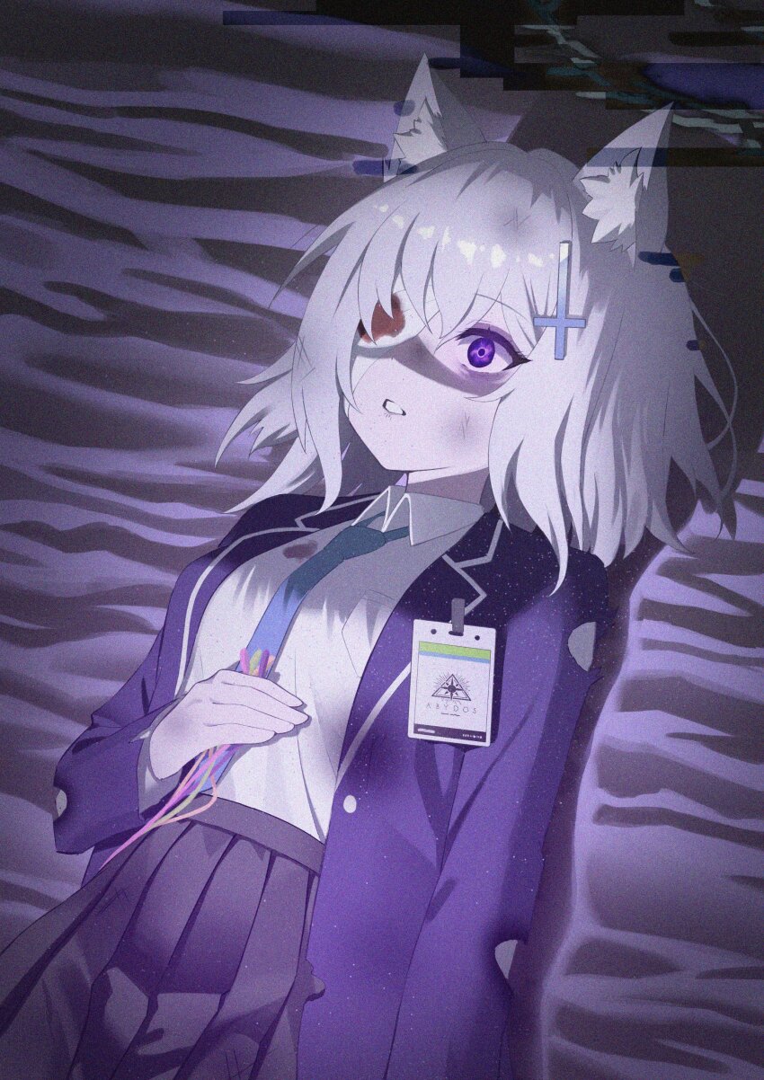 1girl absurdres animal_ear_fluff animal_ears aworuw1137 bandage_over_one_eye blue_archive breasts cross_hair_ornament glitch grey_hair hair_ornament halo highres holding holding_id_card id_card lying on_back on_ground sand shiroko_(blue_archive) shiroko_terror_(blue_archive) solo torn_clothes wolf_ears wolf_girl