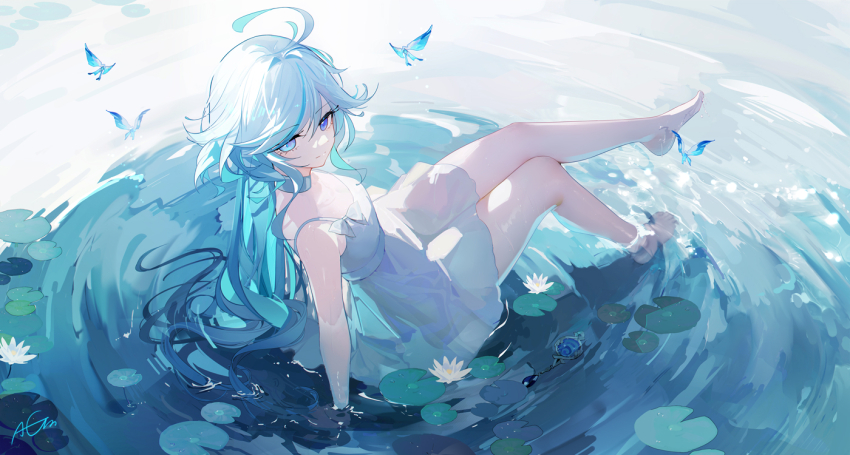 1girl ahoge bare_shoulders barefoot blue_eyes blue_hair blush breasts crystalfly_(genshin_impact) dress furina_(genshin_impact) genshin_impact looking_at_viewer multicolored_hair omone_hokoma_agm small_breasts solo streaked_hair water white_dress white_hair