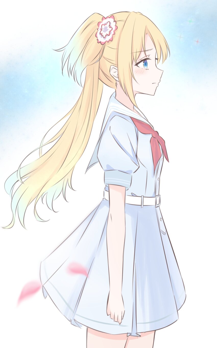 1girl absurdres blonde_hair blue_background blue_dress blue_eyes blue_hair closed_mouth commentary cowboy_shot dress falling_petals flower from_side frown hair_flower hair_ornament hasu_no_sora_school_uniform highres iroha_(nami3) link!_like!_love_live! love_live! neckerchief osawa_rurino parted_bangs petals pink_flower pleated_dress profile puffy_short_sleeves puffy_sleeves red_neckerchief sailor_collar sailor_dress school_uniform short_dress short_sleeves solo standing summer_uniform virtual_youtuber white_sailor_collar