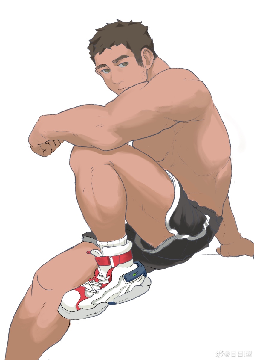 1boy abs absurdres bara black_shorts brown_hair dolphin_shorts elbow_rest foot_out_of_frame highres knee_up large_pectorals long_sideburns looking_at_viewer looking_to_the_side male_focus me-me_(mouact2) muscular muscular_male nipples original pectorals shoes short_hair shorts sideburns sneakers solo sparse_stubble stomach thick_eyebrows thighs topless_male