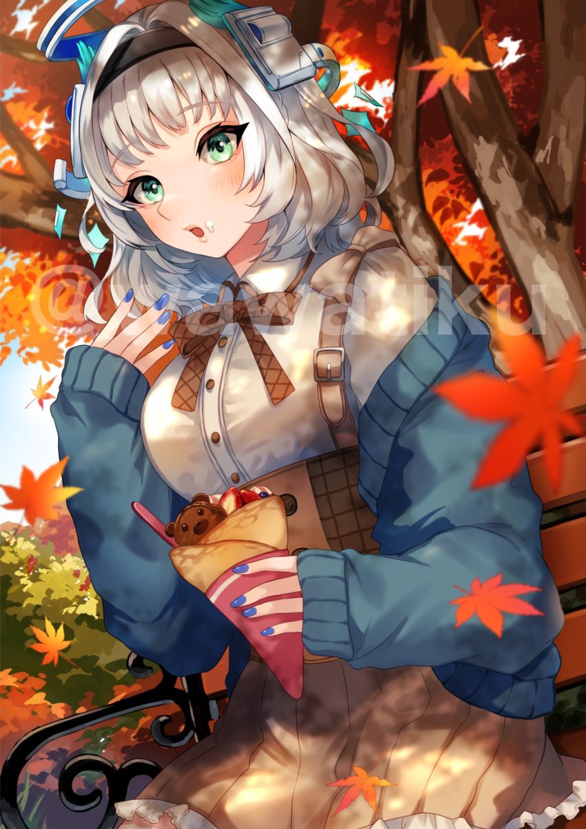 1girl autumn autumn_leaves bench berry blue_nails bow casual cream cream_on_face crepe dessert dress eating falling_leaves food food_on_face food_wrapper frilled_dress frills fruit green_eyes halo headband highres holding holding_crepe holding_food kamishiro_rita leaf maple_leaf nail_polish off_shoulder prism_project solo strawberry virtual_youtuber watermark wawatiku white_hair