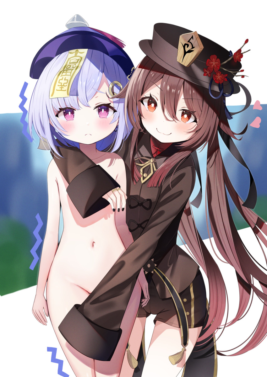 2girls age_difference black_headwear black_shorts blush brown_hair chinese_clothes completely_nude covering_privates covering_crotch flower genshin_impact hat hat_flower heart highres hu_tao_(genshin_impact) jiangshi leaning_forward legs_together loli long_sleeves multiple_girls navel nude onee-loli purple_eyes purple_hair purple_headwear qingdai_guanmao qiqi_(genshin_impact) red_eyes sad sakura_yuu_(hzjy8485) shorts smile standing star-shaped_pupils star_(symbol) symbol-shaped_pupils tailcoat talisman trembling twintails wide_sleeves yuri