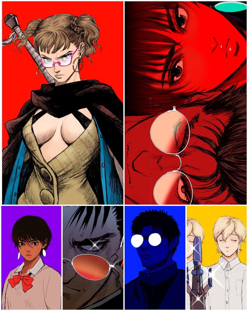 2boys 2girls ayase_momo ayase_momo_(cosplay) ayase_seiko ayase_seiko_(cosplay) berserk black_hair blonde_hair casca_(berserk) cosplay crossover dandadan farnese_(berserk) glasses guts_(berserk) highres multiple_boys multiple_girls nisino2222 pink_sweater serpico_(berserk) sweater takakura_ken_(dandadan) takakura_ken_(dandadan)_(cosplay) tan
