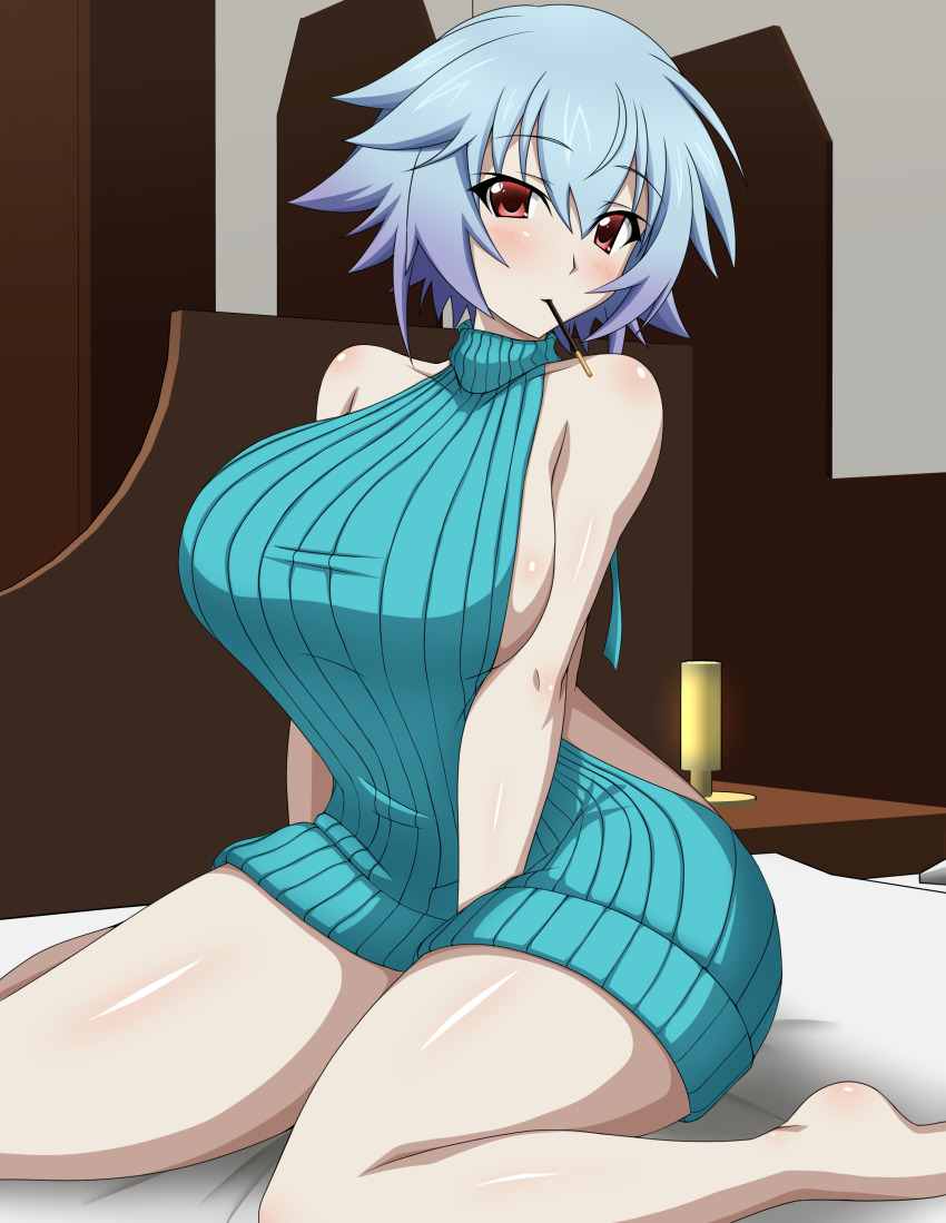 1girl absurdres blue_hair blush breasts food highres infinite_stratos large_breasts looking_at_viewer meme_attire pocky red_eyes ribbed_sweater sarashiki_tatenashi shiny_skin short_hair solo space_gorilla sweater virgin_killer_sweater