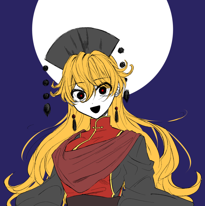 1girl black_dress black_eyes black_hat black_sash blonde_hair bright_pupils casimia commentary_request crazy dalachi_(headdress) dot_nose dress earrings flat_color full_moon hair_between_eyes hat highres jewelry junko_(touhou) korean_commentary long_hair long_sleeves moon night night_sky open_mouth outdoors red_pupils red_scarf red_tabard sash scarf shirt sky smile solo tabard tassel tassel_earrings touhou turtleneck turtleneck_shirt upper_body very_long_hair waist_sash