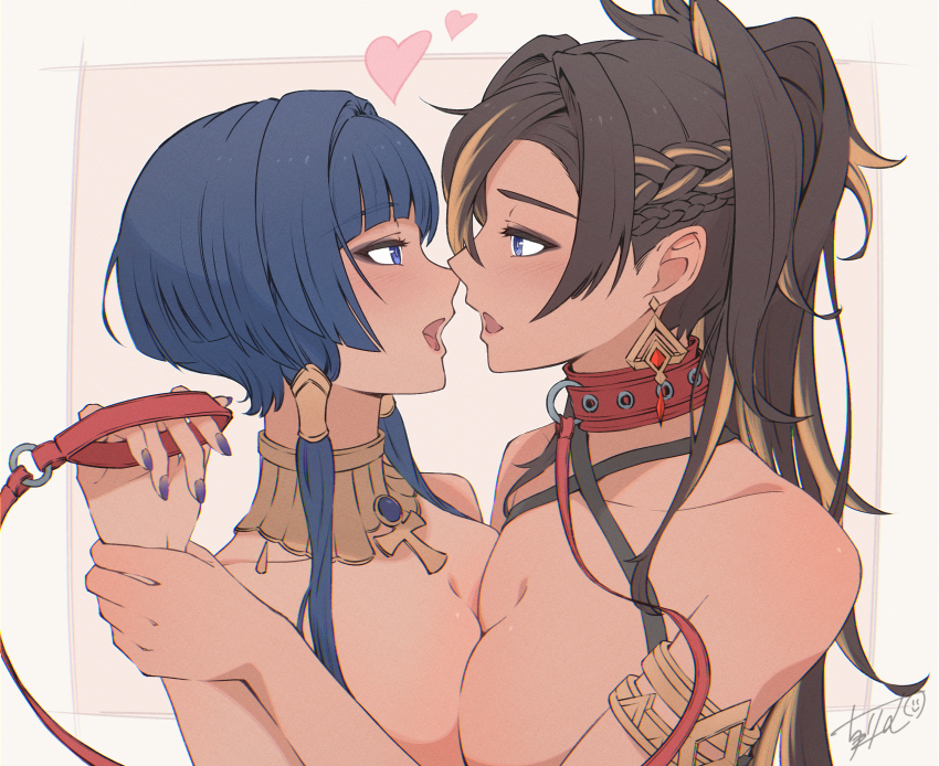 2girls bdsm blonde_hair blue_hair blush braid breast_press breasts brown_hair candace_(genshin_impact) cherrrim collar commentary_request dehya_(genshin_impact) earrings eye_contact femdom genshin_impact half_up_braid heart highres holding holding_another&#039;s_wrist holding_leash jewelry leash looking_at_another medium_breasts multicolored_hair multiple_girls neck_ring nude open_mouth short_hair_with_long_locks slave streaked_hair symmetrical_docking upper_body yuri