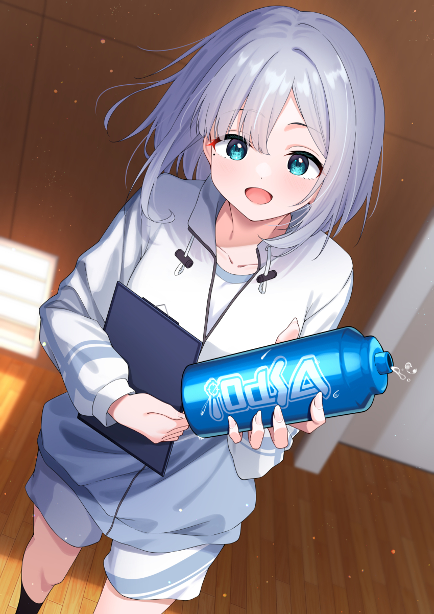 1girl alternate_costume aqua_eyes bottle clipboard drawstring from_above giving grey_hair highres holding holding_bottle holding_clipboard indoors jacket kaga_sumire looking_at_viewer lupinus_virtual_games medium_hair mole mole_under_eye open_mouth parted_bangs shorts solo sports_bottle syurimp track_jacket virtual_youtuber vspo! water_bottle white_jacket wooden_floor
