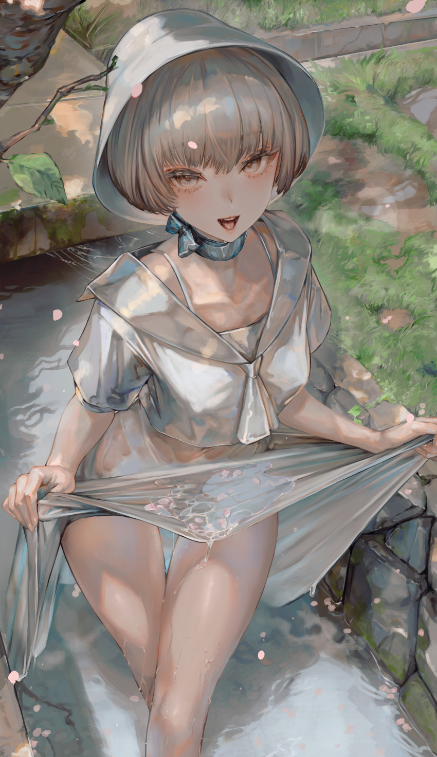 1girl absurdres blue_choker bob_cut breasts bucket_hat choker commentary_request covered_erect_nipples covered_navel grey_eyes grey_hair hat highres looking_at_viewer medium_breasts open_mouth original outdoors sailor_collar see-through_clothes see-through_shirt see-through_skirt shirt short_hair short_sleeves skirt skirt_hold soleil_(soleilmtfbwy03) solo spaghetti_strap standing teeth thighs tongue upper_teeth_only wading wet wet_clothes wet_shirt wet_skirt white_hat white_shirt