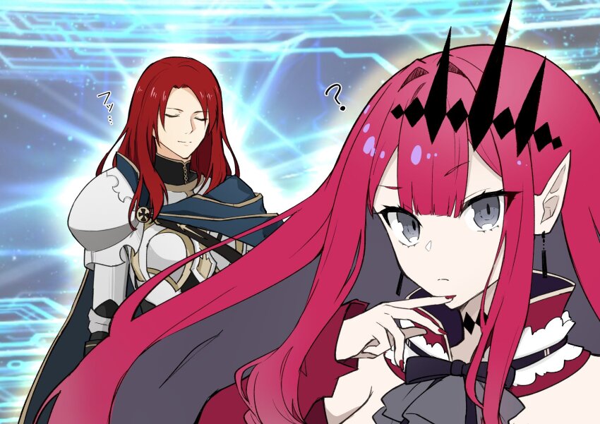 1boy 1girl ? armor ascot baobhan_sith_(fate) baobhan_sith_(first_ascension)_(fate) closed_eyes closed_mouth colored_inner_hair commentary_request confused curtained_hair fate/grand_order fate_(series) fingernails gameplay_mechanics glowing grey_ascot grey_eyes grey_hair hair_intakes headpiece highres light_smile long_hair looking_at_viewer multicolored_hair nail_polish name_connection partial_commentary pointy_ears raised_eyebrows red_hair red_nails sharp_fingernails torinonest tristan_(fate) u_u upper_body