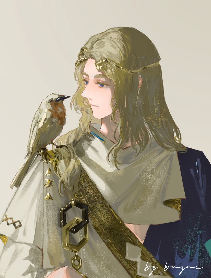 1boy 6_(reverse:1999) absurdres ancient_greek_clothes animal animal_on_shoulder artist_name bird bird_on_shoulder blonde_hair blue_eyes circlet greco-roman_clothes grey_background highres himation long_hair looking_at_animal male_focus profile qi_sanlun_shou_feipin reverse:1999 solo turning_head upper_body