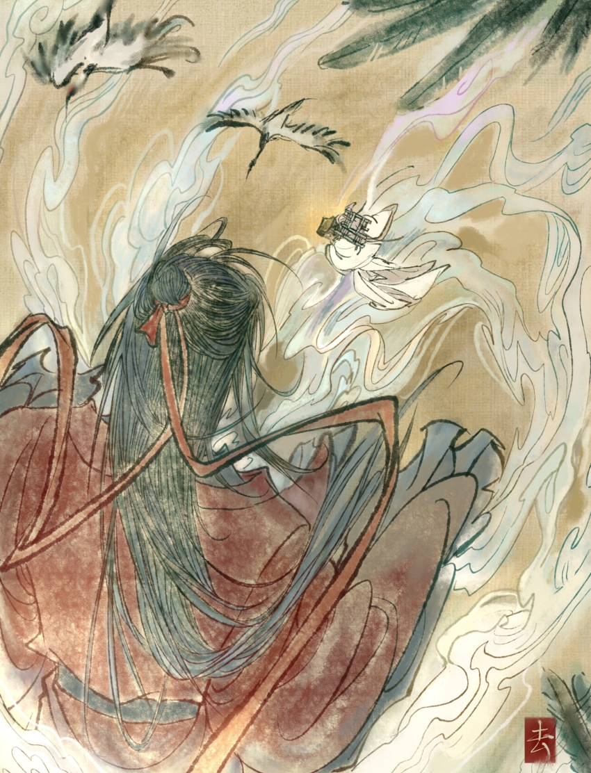2boys absurdres backpack bag bird black_hair chinese_clothes chinese_commentary chumo-qulingxiao cloud crane_(animal) dao_gui_yi_xian facing_away faux_traditional_media floating floating_clothes flower flying from_behind full_body hair_bun hair_ribbon half_updo hanfu hat highres ink_wash_painting leaf li_huowang long_hair long_sleeves male_focus multiple_boys red_hanfu red_ribbon ribbon robe sash seal_impression single_hair_bun sky sleeves_past_wrists smoke solo_focus upper_body white_hanfu wide_sleeves yellow_sky zhongguo_hua zhuge_yuan