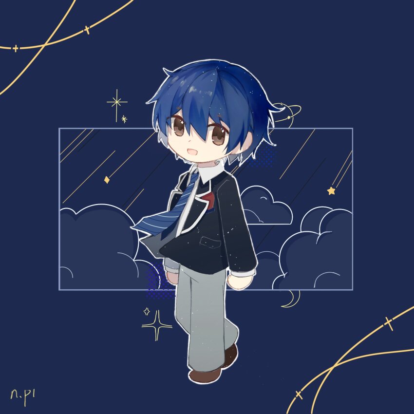1boy blue_hair brown_eyes chibi date_a_live highres itsuka_shidou n.(pl) school_uniform short_hair solo