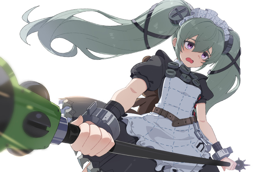 1girl absurdres animal_bag apron bear_bag black_dress breasts corin_wickes cuffs dress fingernails green_hair hair_between_eyes highres holding holding_weapon long_hair maid maid_apron maid_headdress open_mouth puffy_short_sleeves puffy_sleeves purple_eyes screw_hair_ornament short_sleeves simple_background solo twintails usuaji weapon white_apron white_background zenless_zone_zero