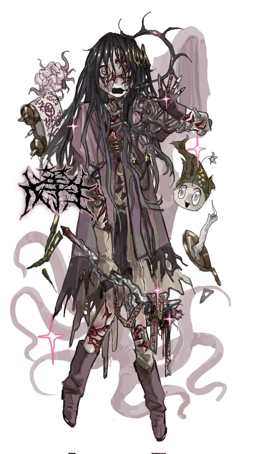 1girl boots brain creature deep_wound fingerless_gloves fish full_body gloves grey_eyes highres holding holding_wand injury long_hair man_face open_mouth original pink_boots pink_gloves pink_robe robe scroll solo tentacles wand white_eyes wuwuren