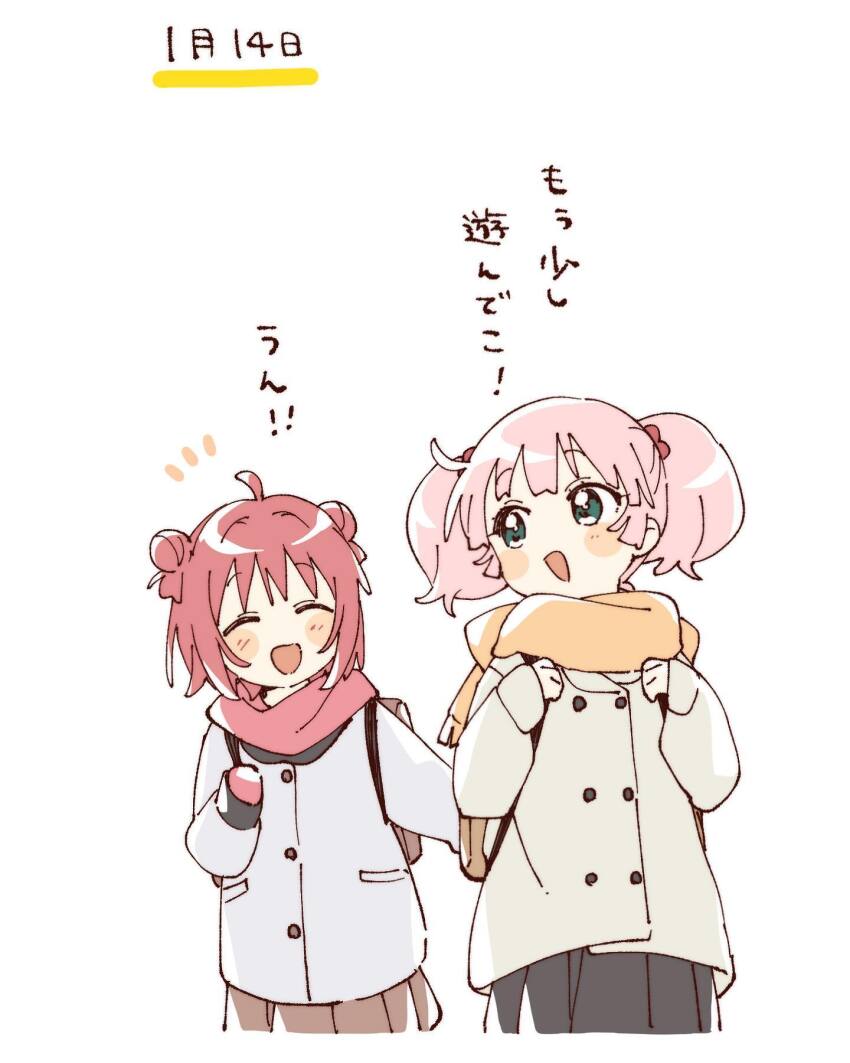 2girls :d ^_^ ahoge akaza_akari backpack bag black_skirt blunt_bangs blush_stickers brown_skirt closed_eyes coat commentary_request cropped_legs double_bun facing_another green_eyes hair_bobbles hair_bun hair_ornament hand_up highres long_sleeves looking_back mittens multiple_girls namori open_mouth orange_scarf pink_hair pleated_skirt red_hair red_mittens red_scarf scarf short_hair simple_background skirt smile translation_request twintails white_background white_coat yellow_coat yoshikawa_chinatsu yuru_yuri