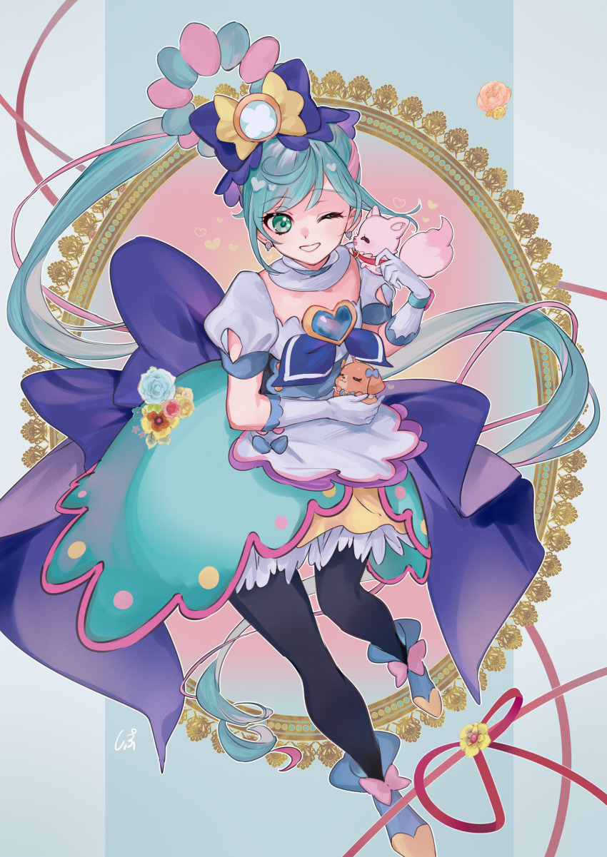 1girl absurdres animal animal_on_shoulder black_pantyhose blue_background blue_bow blue_hair blue_skirt bow brooch cure_spicy delicious_party_precure floating_hair full_body fuwa_kokone gloves green_eyes grin heart heart_brooch highres jewelry kome-kome layered_skirt long_hair miniskirt multicolored_hair one_eye_closed outline pam-pam pantyhose pink_hair pink_ribbon precure ribbon shipu_(gassyumaron) skirt smile solo two-tone_hair very_long_hair white_gloves white_outline