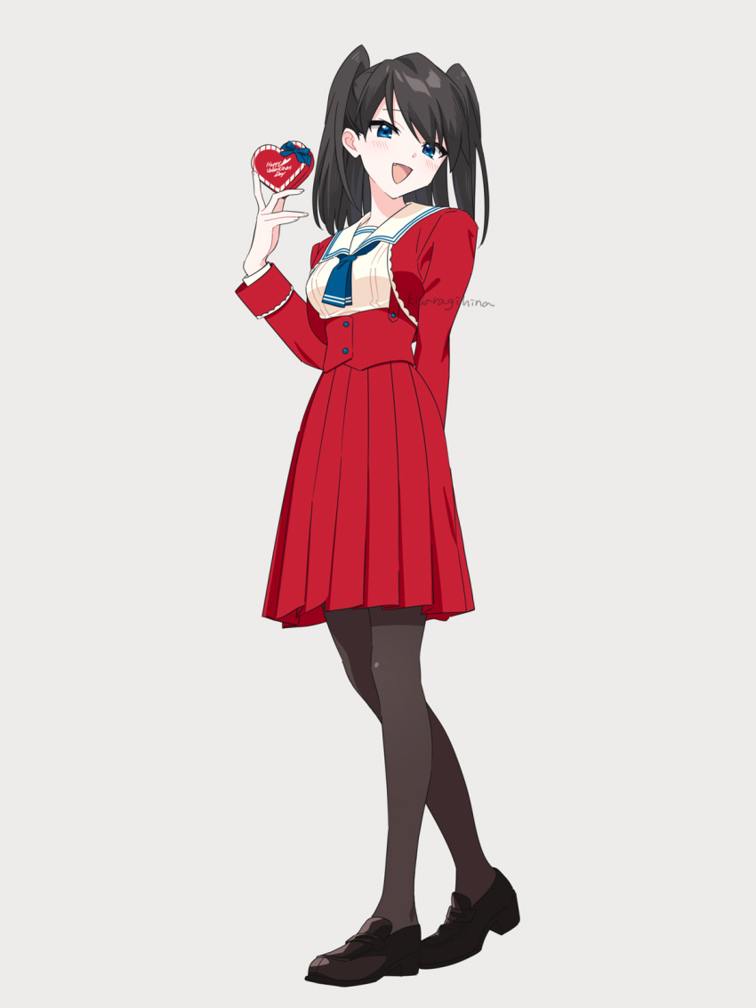 1girl black_hair black_thighhighs blue_eyes blue_neckerchief blush box brown_shoes fang full_body gift grey_background heart-shaped_box highres holding holding_gift kisaragi_hina long_sleeves looking_at_viewer neckerchief open_mouth original red_skirt school_uniform shoes signature simple_background skirt solo thighhighs twintails