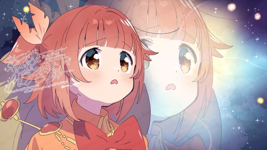 1girl akino_kaede autumn_leaves blunt_bangs blush bow bowtie capelet collared_capelet commentary_request derivative_work dot_nose eyelashes frown green_hat hair_ornament hat hat_on_back leaf leaf_hair_ornament light_particles looking_ahead magia_record:_mahou_shoujo_madoka_magica_gaiden magical_girl mahou_shoujo_madoka_magica mahou_shoujo_madoka_magica_magia_exedra medium_hair nervous_sweating open_mouth orange_capelet orange_eyes paru_rari red_bow red_bowtie red_hair screenshot_redraw solo space sweat tareme twitter_username two_side_up upper_body watermark witch_hat zoom_layer