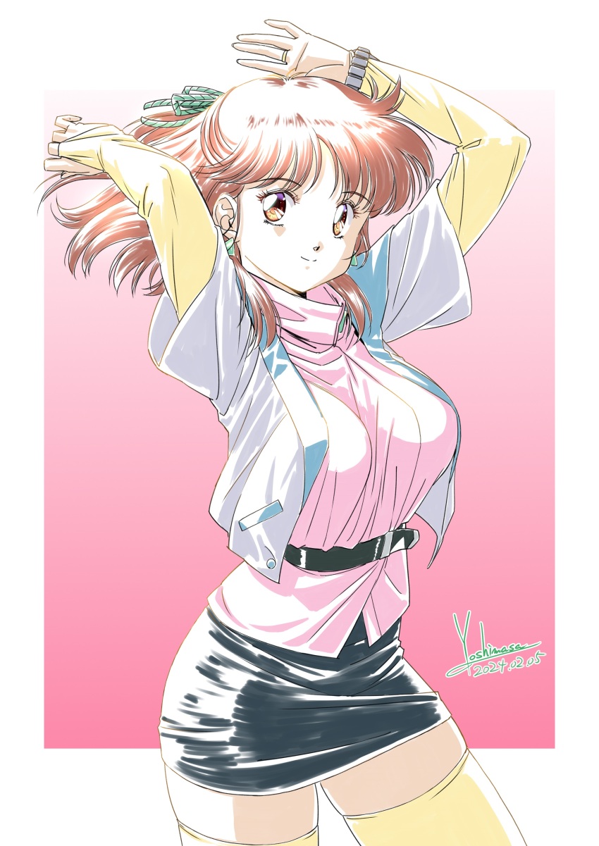 1girl absurdres anice_farm arms_up artist_name belt birthday black_belt black_skirt border bracelet breasts bridal_gauntlets brown_eyes brown_hair chouon_senshi_borgman closed_mouth commentary cropped_jacket dated earrings elbow_gloves gloves gradient_background green_ribbon hair_ribbon half_updo highres jacket jewelry large_breasts looking_at_viewer medium_hair miniskirt outside_border pencil_skirt pink_background pink_shirt ribbon shirt shirt_tucked_in signature simple_background skirt smile solo standing tented_shirt thighhighs triangle_earrings turtleneck turtleneck_shirt white_border white_jacket yellow_gloves yellow_thighhighs yoshinaga_masahiro zettai_ryouiki