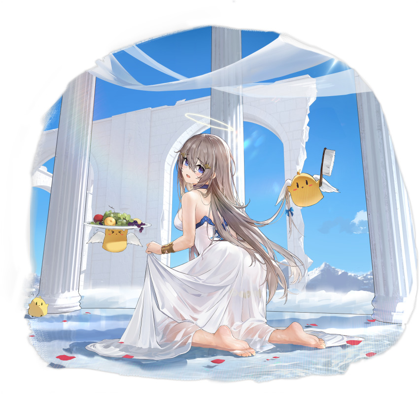 1girl artist_request azur_lane bare_shoulders bareback barefoot blue_eyes blush bracer breasts choker dress fortune_(azur_lane) fortune_(seraphic_sunshine)_(azur_lane) from_behind gauntlets grey_hair hair_between_eyes hair_ornament hairclip highres kneeling large_breasts looking_at_viewer looking_back manjuu_(azur_lane) official_alternate_costume official_art open_mouth petals petals_on_liquid see-through_clothes skirt_hold transparent_background water wet wet_clothes white_dress wide_shot