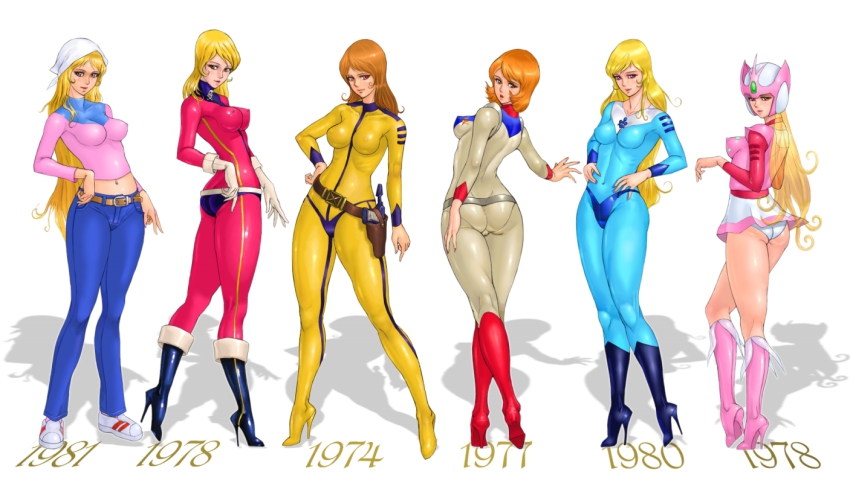 1970s_(style) 1974 1977 1978 1980 1980s_(style) 1981 6+girls ass aurora_hime belt black_footwear blonde_hair blue_bodysuit bodysuit boots breasts brown_eyes brown_hair covered_erect_nipples crossdraw_holster denim dress female_focus full_body green_bodysuit hand_on_own_hip hands_on_own_hips harlock_saga headscarf helmet high_heel_boots high_heels hip_focus holster impossible_bodysuit impossible_clothes impossible_shirt jeans kei_yuki knee_boots kodai_sasha large_breasts lineup lisa_kirino long_hair looking_at_viewer looking_back medium_breasts microskirt midriff mori_yuki multiple_girls navel oldschool orange_hair panties pants pantylines pantyshot pink_footwear pink_sweater red_bodysuit red_footwear retro_artstyle sf_saiyuki_starzinger shadow shin_taketori_monogatari_sennen_joou shirt shoes short_dress short_hair simple_background skin_tight skirt sneakers standing stiletto_heels sweater uchuu_kaizoku_captain_harlock uchuu_senkan_yamato underwear very_long_hair wakusei_robo_danguard_ace weapon white_background white_panties yellow_bodysuit yellow_footwear yukino_yayoi zen_and_retro