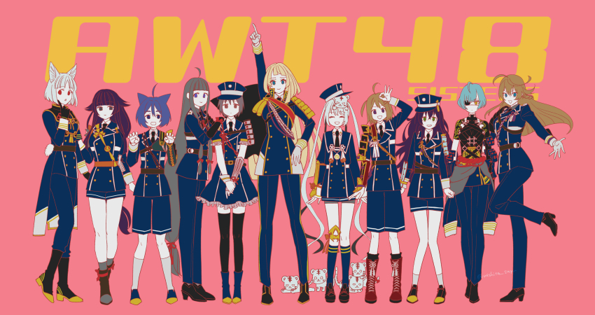6+girls ahoge alternate_height animal animal_ears animal_on_head ankle_boots armor arms_at_sides atsu_toushirou_(tenka_hyakken) atsushi_toushirou_(touken_ranbu) atsushi_toushirou_(touken_ranbu)_(cosplay) belt black_gloves black_hair black_necktie blonde_hair blue_coat blue_eyes blue_hair boots braid brown_hair buttons cat_ears clenched_hands closed_mouth clothes_around_waist coat commentary cosplay crossover double-breasted eyepatch fox_ears french_braid frilled_skirt frilled_sleeves frills gloves gokotai gokotai_(cosplay) gokotai_yoshimitsu gotou_toushirou_(tenka_hyakken) gotou_toushirou_(touken_ranbu) gotou_toushirou_(touken_ranbu)_(cosplay) green_eyes grey_hair hakata_toushirou_(tenka_hyakken) hakata_toushirou_(touken_ranbu) hakata_toushirou_(touken_ranbu)_(cosplay) hand_on_own_hip hand_up hands_on_another&#039;s_shoulders hat highres honebami_toushirou honebami_toushirou_(cosplay) honebami_toushirou_(tenka_hyakken) ichigo_hitofuri ichigo_hitofuri_(cosplay) ichigo_hitofuri_(tenka_hyakken) index_finger_raised japanese_armor knee_boots knee_pads kneehighs kote light_blue_hair long_hair long_sleeves messy_hair midare_toushirou midare_toushirou_(cosplay) midare_toushirou_(tenka_hyakken) mouri_toushirou_(tenka_hyakken) mouri_toushirou_(touken_ranbu) mouri_toushirou_(touken_ranbu)_(cosplay) multicolored_hair multiple_girls nakigitsune nakigitsune_(cosplay) nakigitsune_(tenka_hyakken) namazuo_toushirou namazuo_toushirou_(cosplay) namazuo_toushirou_(tenka_hyakken) necktie ok_sign on_head one_eye_covered onimaru_kunitsuna_(tenka_hyakken) onimaru_kunitsuna_(touken_ranbu) onimaru_kunitsuna_(touken_ranbu)_(cosplay) open_hand open_mouth orange_eyes orange_hair pants parody parted_lips paw_pose peaked_cap pigeon-toed platform_footwear pointing pointing_up purple_eyes purple_hair red_eyes short_hair short_sleeves shorts shoulder_armor single_knee_pad skirt sleeve_cuffs smile socks standing standing_on_one_leg tassel tenka_hyakken thighhighs tiger tiger_cub touken_ranbu twintails two-tone_hair two_side_up ueshita_sayusayu v_arms white_gloves white_hair white_tiger yellow_eyes
