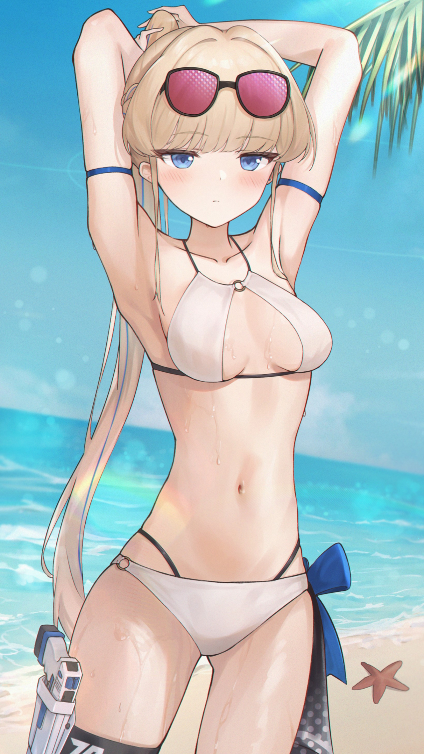1girl absurdres alternate_costume arm_strap arms_up beach bikini blue_archive blue_eyes blue_sky blunt_bangs blush breasts ciza_gomi closed_mouth commentary_request cowboy_shot day eyewear_on_head gun handgun highleg highleg_bikini highres lens_flare light_brown_hair long_hair looking_at_viewer o-ring o-ring_bikini ocean outdoors palm_tree pink-tinted_eyewear ponytail sky small_breasts solo standing starfish sunglasses swimsuit tinted_eyewear toki_(blue_archive) tree tying_hair weapon white_bikini