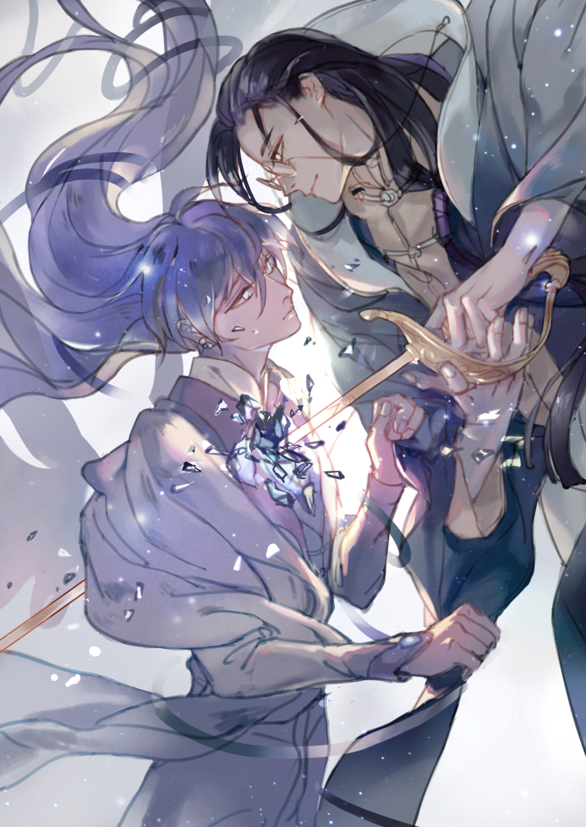 2boys absurdres angel_wings black_hair blue_eyes blue_hair cardcaptor_sakura chest_jewel chinese_clothes closed_mouth clothes_grab clow_reed coat cowboy_shot dur_(576863357) earrings expressionless eye_contact eyewear_strap feathered_wings floating_hair glasses grey_coat hair_over_shoulder hair_slicked_back highres holding holding_sword holding_weapon impaled jewelry long_hair long_sleeves looking_at_another looking_down looking_up low_ponytail male_focus multiple_boys open_clothes open_coat pince-nez ponytail profile robe shards simple_background smile stud_earrings sword tangzhuang upper_body very_long_hair weapon white_background white_robe white_wings wings yellow_eyes yue_(cardcaptor_sakura)