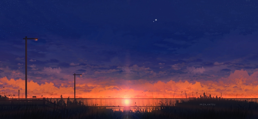 artist_name cloud cloudy_sky dusk gradient_sky highres iriza_katou lamppost no_humans orange_sky original outdoors scenery sky sun sunset