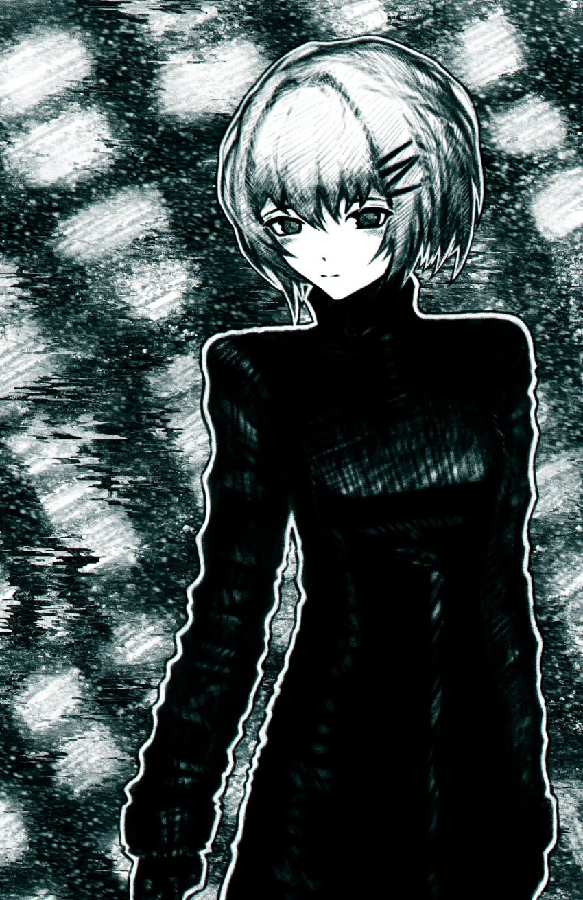 11e10 1girl absurdres black_coat blush coat commentary english_commentary faux_traditional_media glitch hair_ornament hairclip highres light_smile marie_(peripeteia) monochrome outline peripeteia short_hair solo trench_coat turtleneck turtleneck_coat white_outline