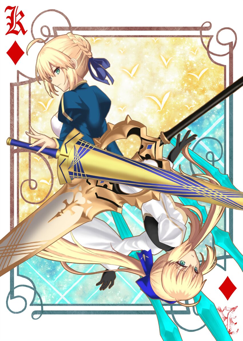 2girls absurdres ahoge artoria_caster_(fate) artoria_caster_(third_ascension)_(fate) artoria_pendragon_(fate) avalon_(fate) blonde_hair blouse braid card card_game crown diamond_(shape) diamond_hairband excalibur_(fate/stay_night) facial_mark fate/grand_order fate/stay_night fate_(series) forehead_mark french_braid green_eyes hair_bun highres marmyadose_(fate) mosucchi multicolored_ribbon multiple_girls playing_card ponytail ribbon saber_(fate) shirt single_hair_bun skirt sword weapon