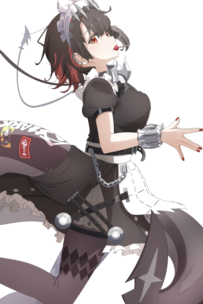 1girl absurdres black_hair black_pantyhose breasts candy colored_inner_hair commentary ellen_joe fang feet_out_of_frame fins fish_tail food frilled_wristband from_side highres jagili_noe large_breasts lollipop lollipop_in_mouth looking_at_viewer looking_to_the_side maid_headdress multicolored_hair pantyhose red_eyes red_hair shark_girl shark_tail short_hair sideways_glance simple_background solo tail white_background zenless_zone_zero