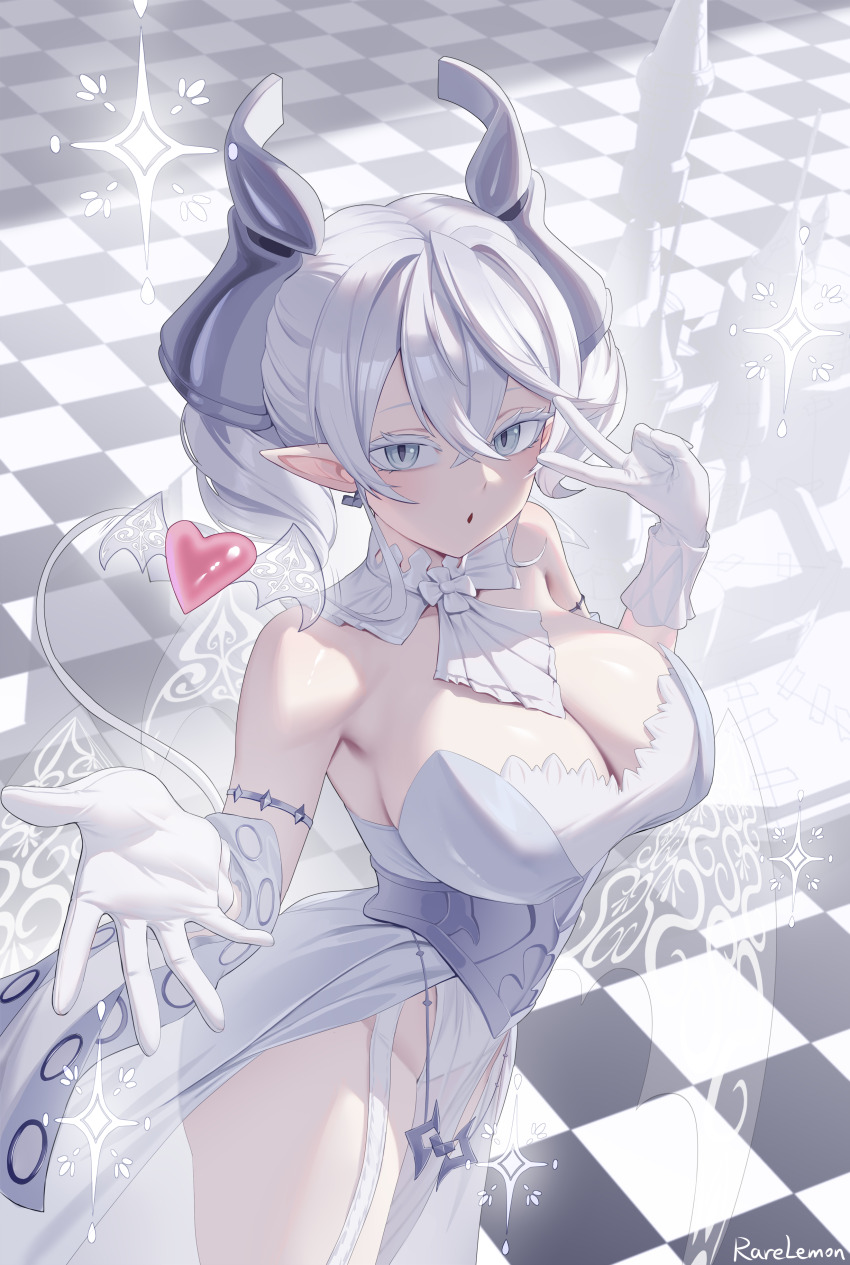 1girl absurdres armlet bare_shoulders breasts cleavage commentary_request corset demon_girl demon_horns demon_tail demon_wings dress drill_hair duel_monster earrings garter_straps gloves grey_corset grey_eyes grey_hair groin hair_between_eyes heart highres horns jewelry large_breasts looking_at_viewer lovely_labrynth_of_the_silver_castle open_mouth pointy_ears rare_lemon reaching reaching_towards_viewer short_hair solo tail tile_floor tiles transparent_wings twin_drills v white_dress white_gloves wings yu-gi-oh!