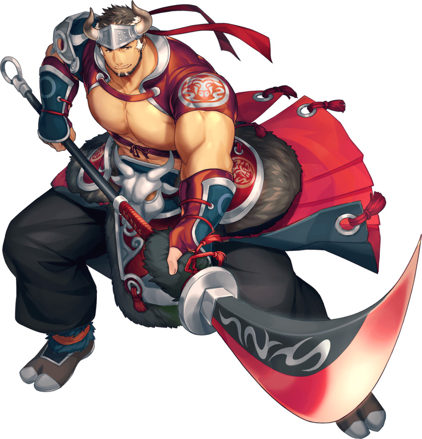 1boy abs alternate_costume anklet bara bare_pectorals beard belt biceps black_hair clothes_lift collared_jacket cropped_jacket facial_hair fighting_stance gauntlets glaive_(polearm) gloves gozu_farm gyee halberd hand_on_weapon headband highres jacket jewelry large_pectorals loincloth male_focus mature_male muscular muscular_arms muscular_male nipples official_art ox_horns pants pectorals polearm sandals sideburns skirt skirt_lift smile solo takashi_(gyee) transparent_background weapon white_hair yellow_eyes