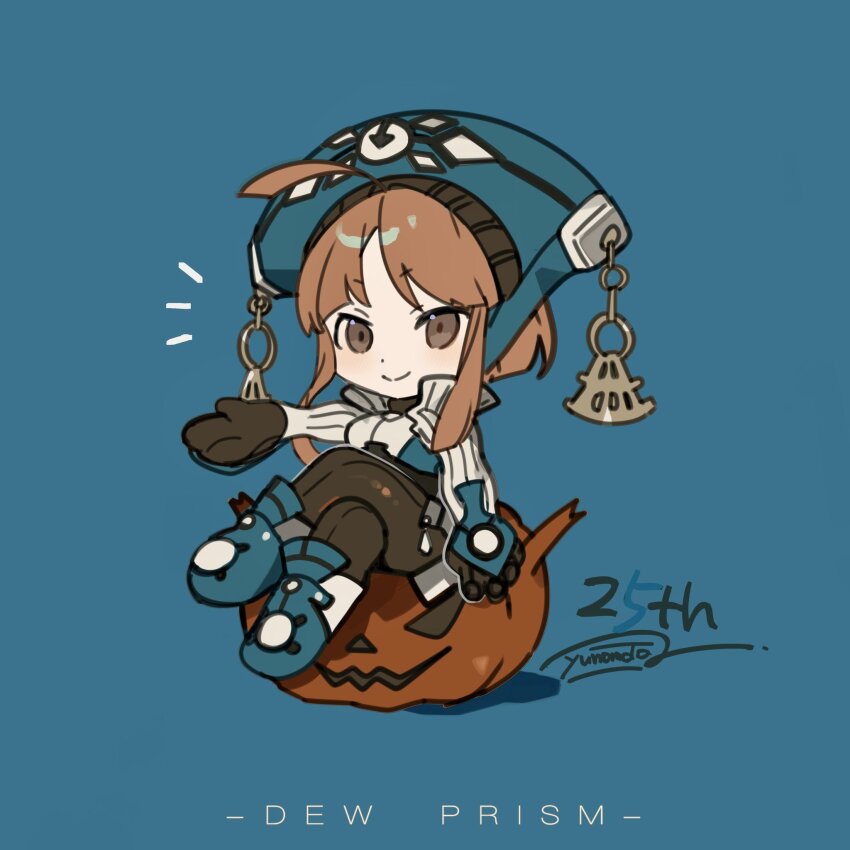 ahoge anniversary aqua_boots aqua_hat boots brown_eyes brown_gloves brown_hair brown_pantyhose chibi chibi_only copyright_name crossed_legs dewprism gloves hat highres jack-o&#039;-lantern looking_at_viewer maya_(dewprism) notice_lines outstretched_arm pantyhose short_hair sidelocks signature sitting sitting_on_object smile yunomoto
