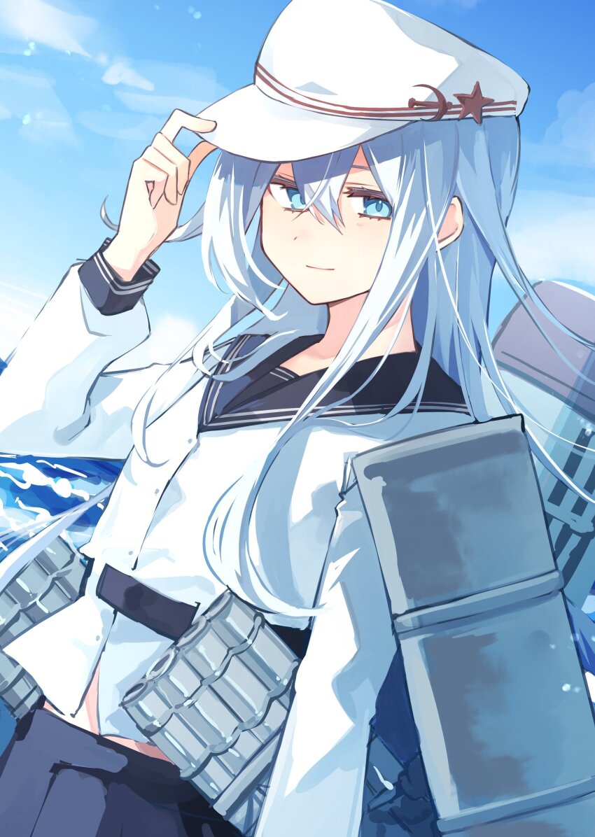 1girl absurdres belt black_belt black_sailor_collar black_skirt blue_eyes blue_sky border cloud flat_cap hammer_and_sickle hat hibiki_(kancolle) highres kantai_collection long_hair machinery sailor_collar school_uniform serafuku skirt sky solo torpedo_launcher tsumikitsuki_(katsuobushi) upper_body verniy_(kancolle) white_border white_hat