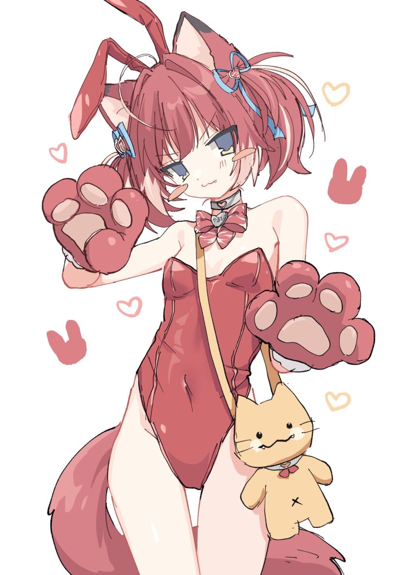 1girl :3 akami_karubi alternate_costume animal_ear_hairband animal_ears animal_hands blush_stickers bow bowtie breasts cat_ears cat_girl cat_tail choker claw_pose closed_mouth covered_navel cowboy_shot fake_animal_ears fang gloves hairband hands_up head_tilt heart heart_choker highleg highleg_leotard highres indie_virtual_youtuber leotard looking_at_viewer paw_gloves playboy_bunny rabbit_ear_hairband rabbit_ears rabbit_symbol red_bow red_bowtie red_hair red_leotard sentouryoku_5 short_hair short_twintails shoulder_strap simple_background small_breasts smile smug solo standing strapless strapless_leotard stuffed_animal stuffed_toy tail thigh_gap twintails v-shaped_eyebrows virtual_youtuber white_background yellow_eyes